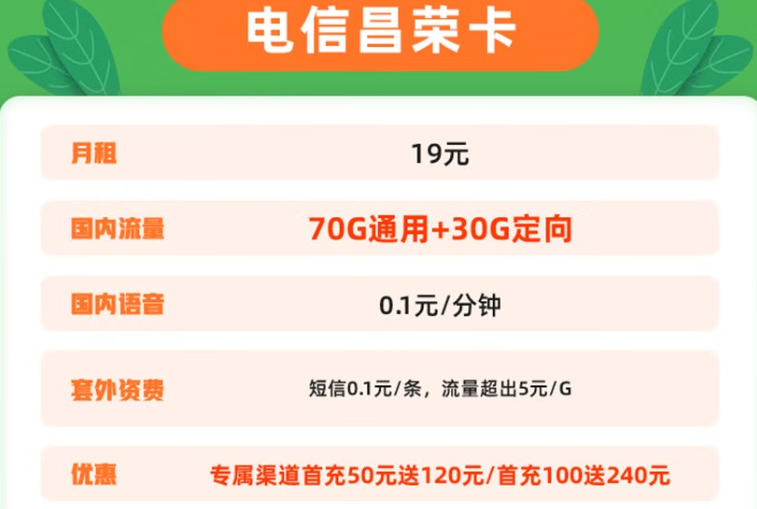 中國(guó)電信：提速降費(fèi)惠民行動(dòng) 電信昌榮卡 月租19元可享70G通用+30G定向+0.1元/分鐘，首充100送240