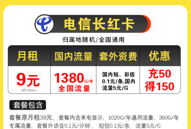 電信超值優(yōu)惠套餐有哪些？電信長紅卡，月租9元包含125G全國流量/月不限速手機上網(wǎng)卡