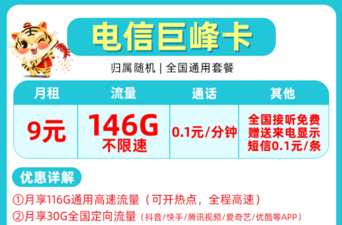 非常受歡迎的流量卡套餐有哪些？電信巨峰卡9元包含146G全國(guó)來(lái)了不限速+首月免費(fèi)