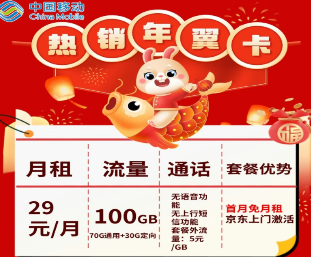 移動(dòng)純流量卡套餐介紹|移動(dòng)年翼卡、年華卡|首月免費(fèi)|100G全國(guó)流量