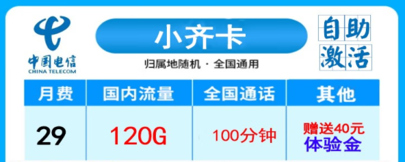 電信小齊卡29元120G流量+100語音|超級(jí)卡39元200G+500分語音|無合約全國(guó)用