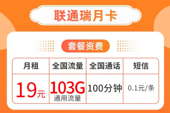19元103G純通用流量卡套餐|聯(lián)通瑞月卡、聯(lián)通流量王卡|103G通用+100分鐘語音