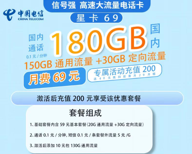 電信星卡的流量多嗎？69元流量星卡套餐寶150G通用流量+30G定向|超級(jí)劃算