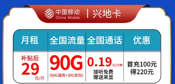移動興地卡|29元90G全國流量|官方資費套餐，超多優(yōu)惠權(quán)益|全國通用套餐