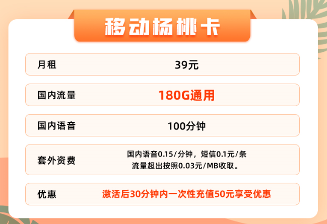 超值福利嗨翻天！超低月租大流量|移動楊桃卡+19元移動本地卡