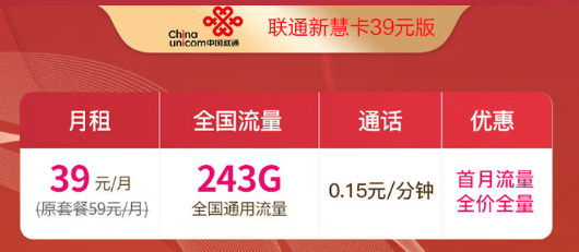 聯(lián)通通用流量卡測(cè)評(píng)—聯(lián)通新慧卡39元版包243G通用流量！